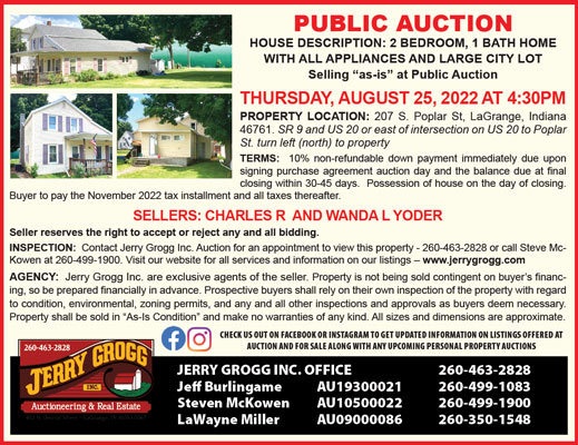 Real Estate Auction in LaGrange, Indiana, July 25, 2022: 207 S. Poplar St.