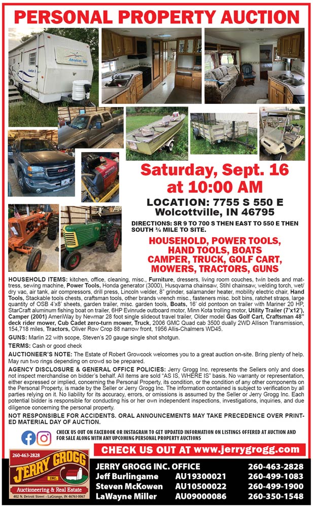 Robert Growcock Estate Auction in Wolcottville, Indiana, September 16, 2023