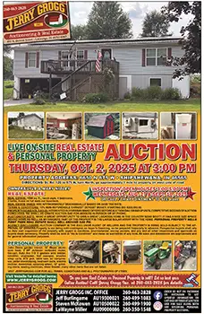 Flyer for Nisley Auction: Real Estate & Personal Property in Shipshewana, Indiana October 2, 2025